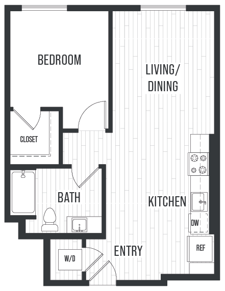 Floor plan for 1 bed, 1 bath, 772 sqft